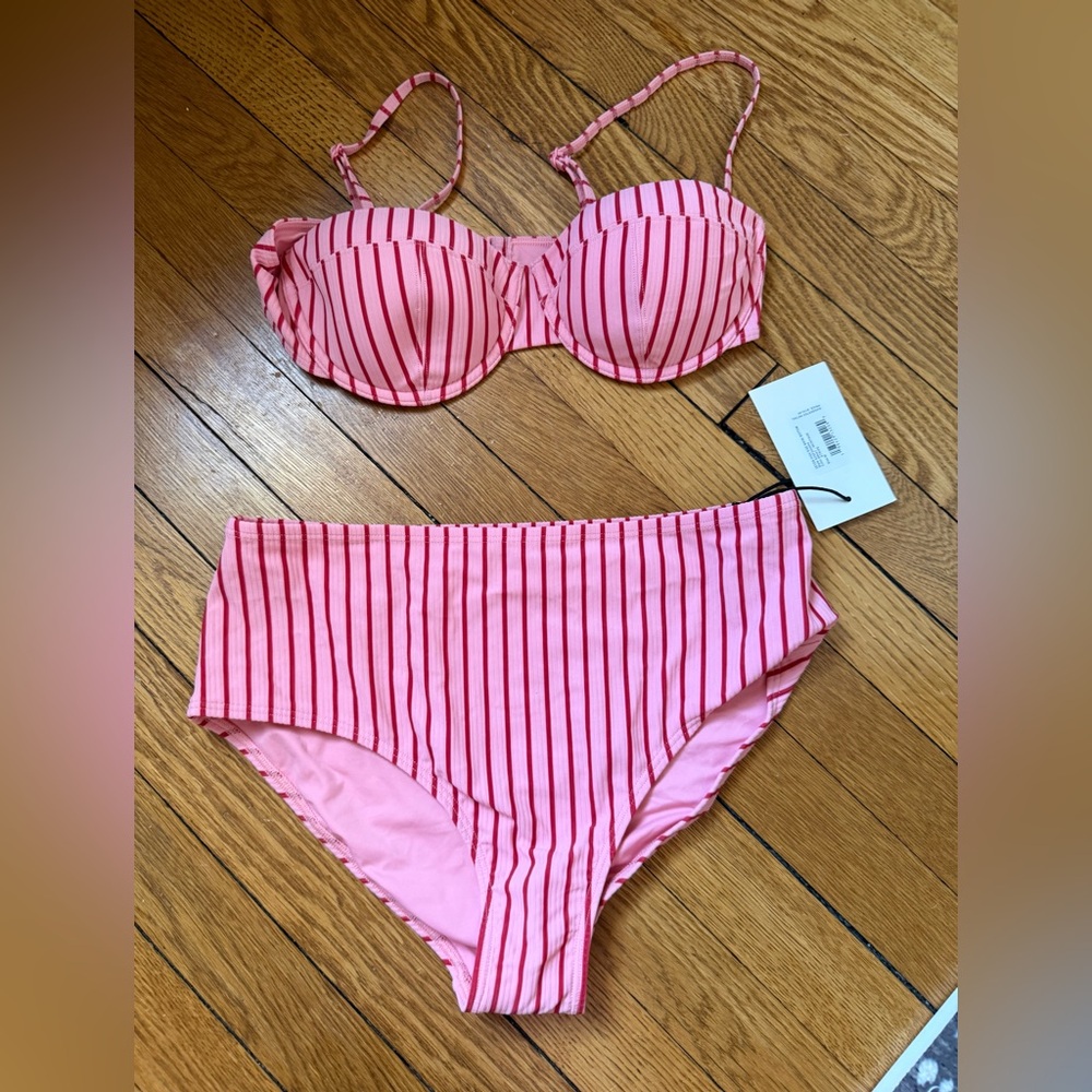 STAUD Devon Pink Striped Bikini Set - Size Medium -  NWT